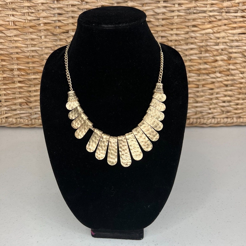 Gold Plated Graduated Chunky Hammered Bib Necklace Statement Classy Big Bold